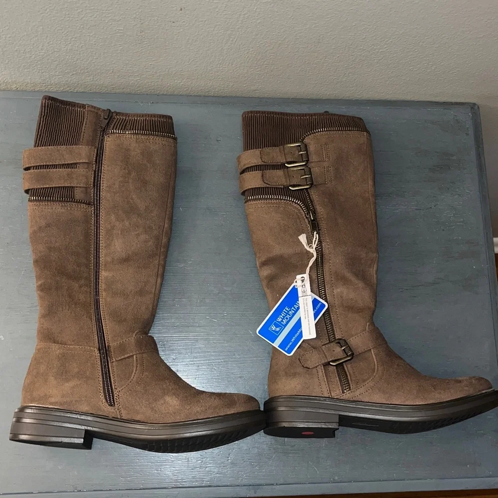 White Mountain Mazed Brown Faux Suede Tall Riding Buckle & Zip Boots sz 5.5 NWT